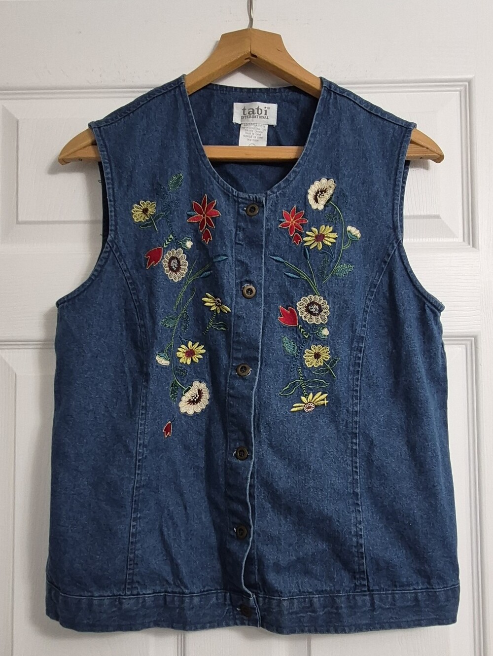 Vintage Denim Embroidered Floral Vest - 100% Cotton